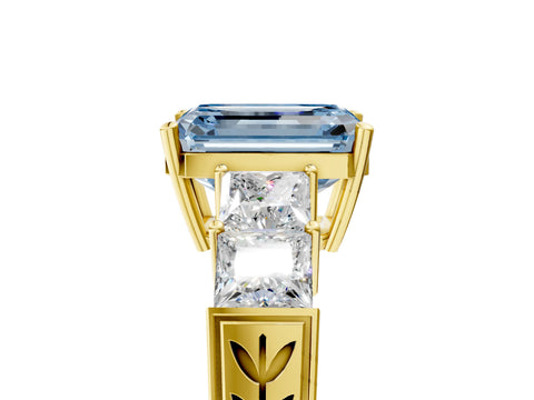 Yellow gold Fancy Blue Emerald Cut Solitaire Princess Side Stone Engraved Band Prong Setting Ring_5