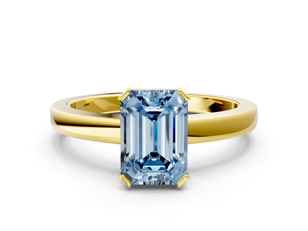 Yellow gold Fancy Blue Emerald  Cut Solitaire Ring with Four-Prong Setting and Classic Band