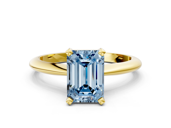 Yellow gold Fancy Blue Emerald  Cut Solitaire Ring with Four-Prong Setting on a Classic Band