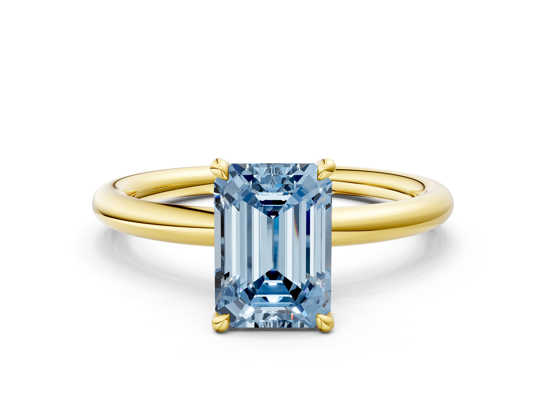 Yellow gold Fancy Blue Emerald  Cut Solitaire Ring with Thin Band and Four-Prong Setting_16