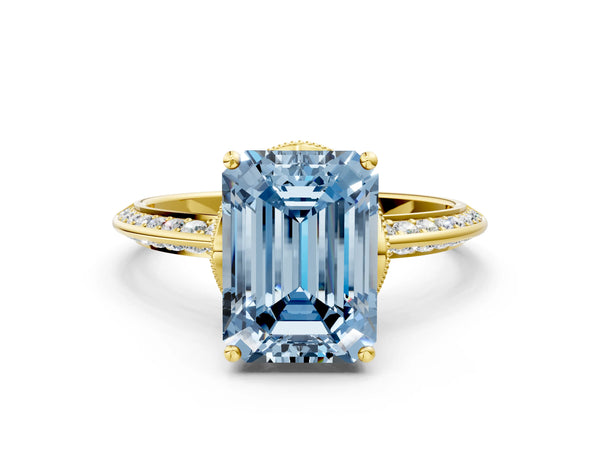 Yellow Gold Emerald Cut Graduated Pave Engagement Ring Setting for Fancy Blue Center
