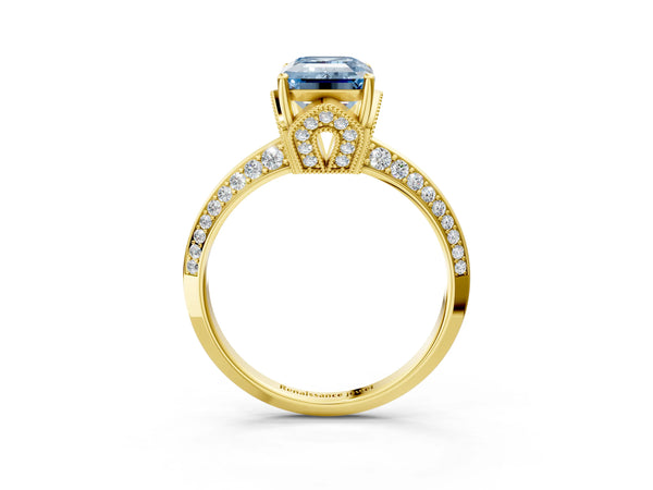 Yellow Gold Emerald Cut Graduated Pave Engagement Ring Setting for Fancy Blue Center