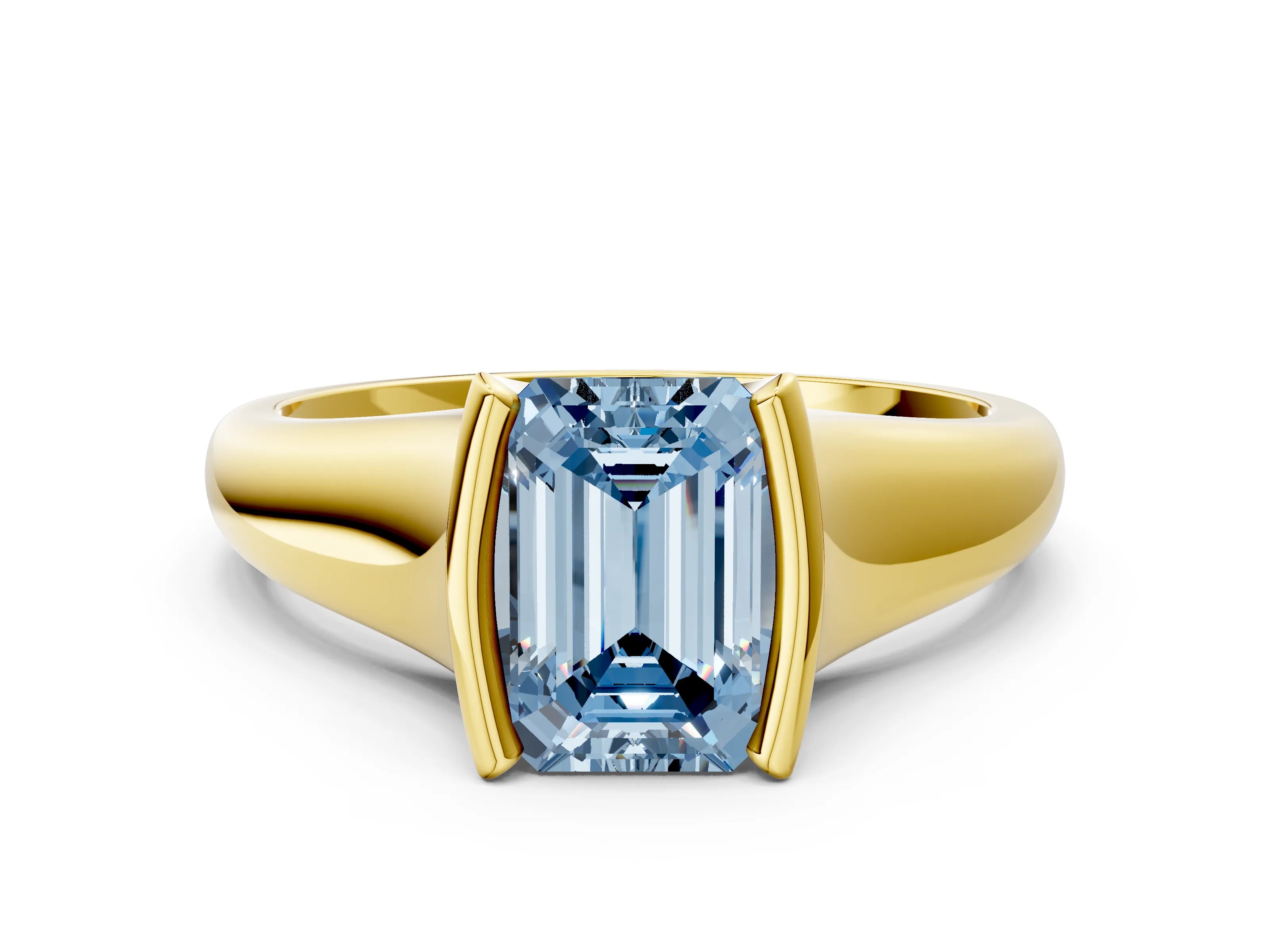 Yellow gold Fancy Blue Emerald Cut Solitaire Tension Set Diamond Ring with Split Shank Band