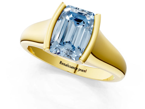 Yellow gold Fancy Blue Emerald Cut Solitaire Tension Set Diamond Ring with Split Shank Band_1