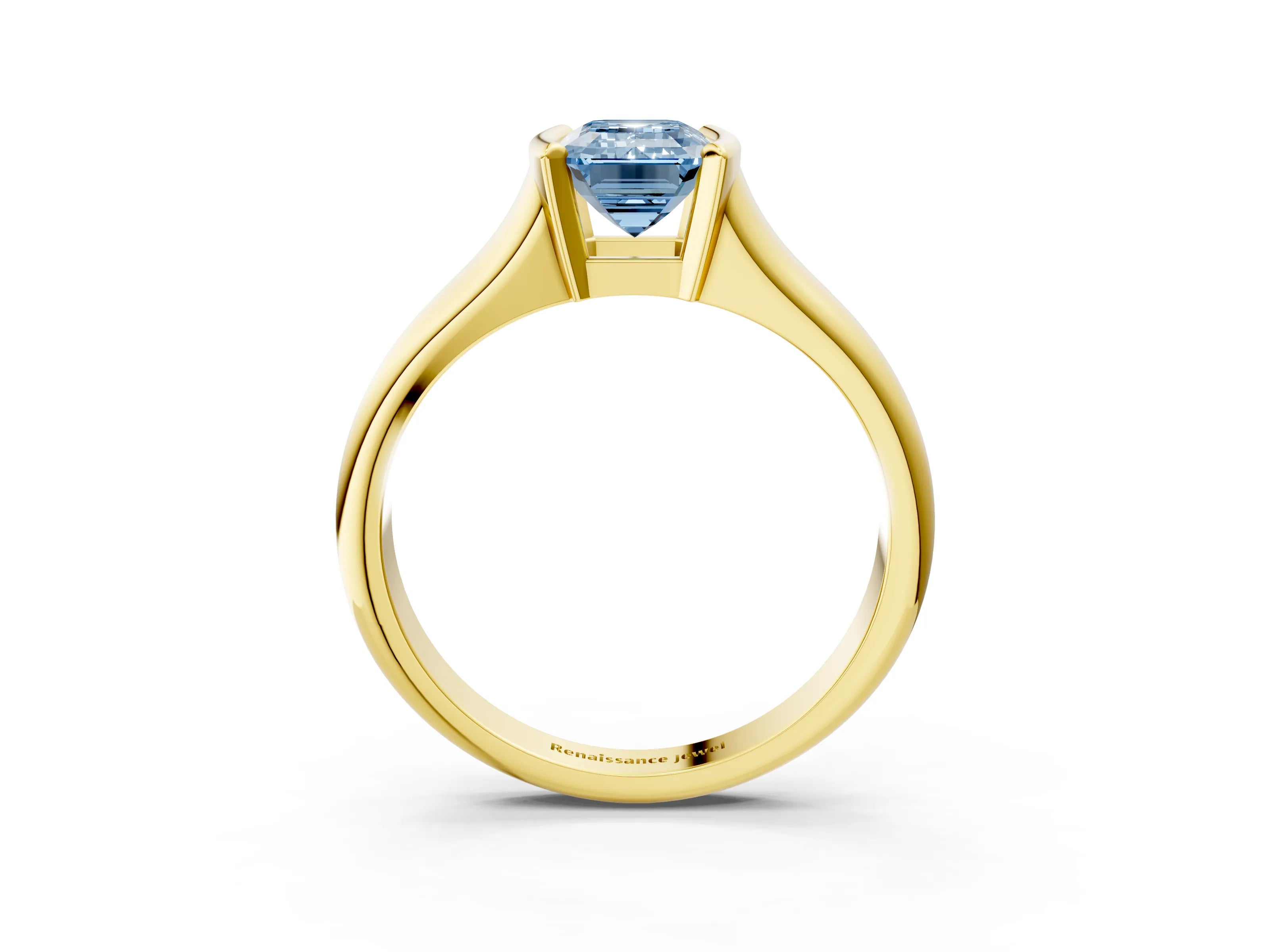 Yellow gold Fancy Blue Emerald Cut Solitaire Tension Set Diamond Ring with Split Shank Band_3