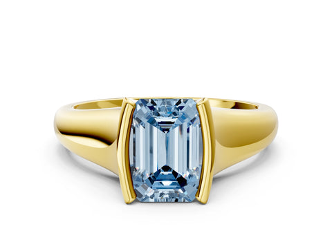 Yellow gold Fancy Blue Emerald Cut Solitaire Tension Set Diamond Ring with Split Shank Band