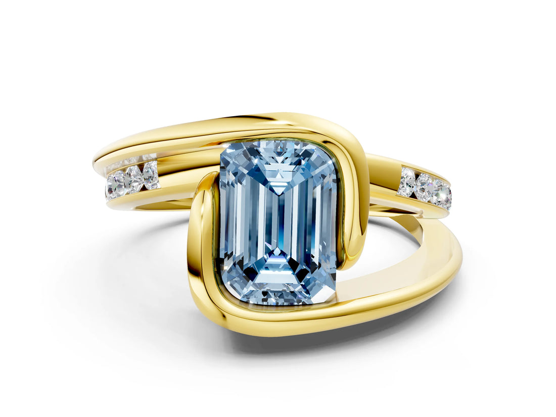 Yellow gold Fancy Blue Emerald Cut Solitaire Tension-Set Diamond Split Shank Ring