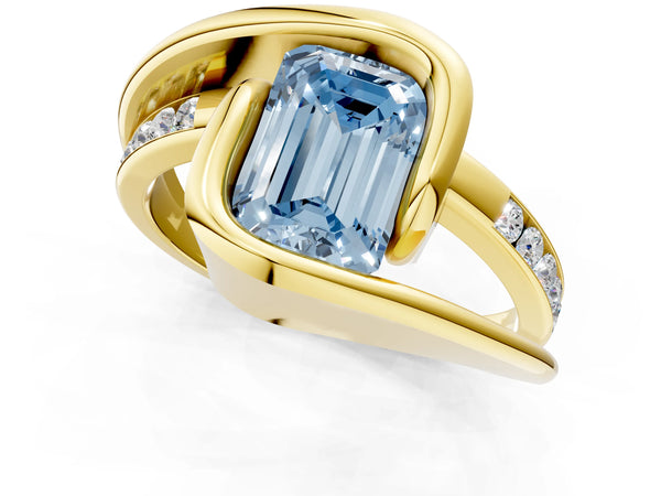 Yellow gold Fancy Blue Emerald Cut Solitaire Tension-Set Diamond Split Shank Ring