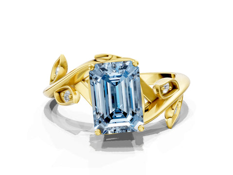 Yellow gold Fancy Blue Emerald Cut Solitaire Twist Engagement Ring with Leaf Accents and Prong Setting_12