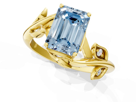 Yellow gold Fancy Blue Emerald Cut Solitaire Twist Engagement Ring with Leaf Accents and Prong Setting_13