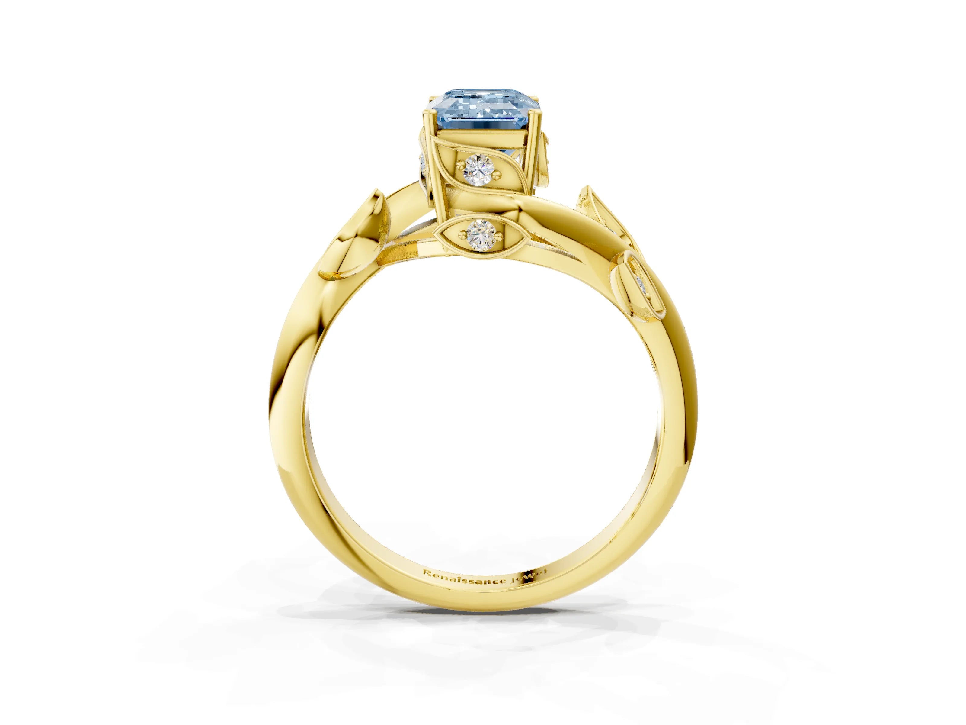 Yellow gold Fancy Blue Emerald Cut Solitaire Twist Engagement Ring with Leaf Accents and Prong Setting_15