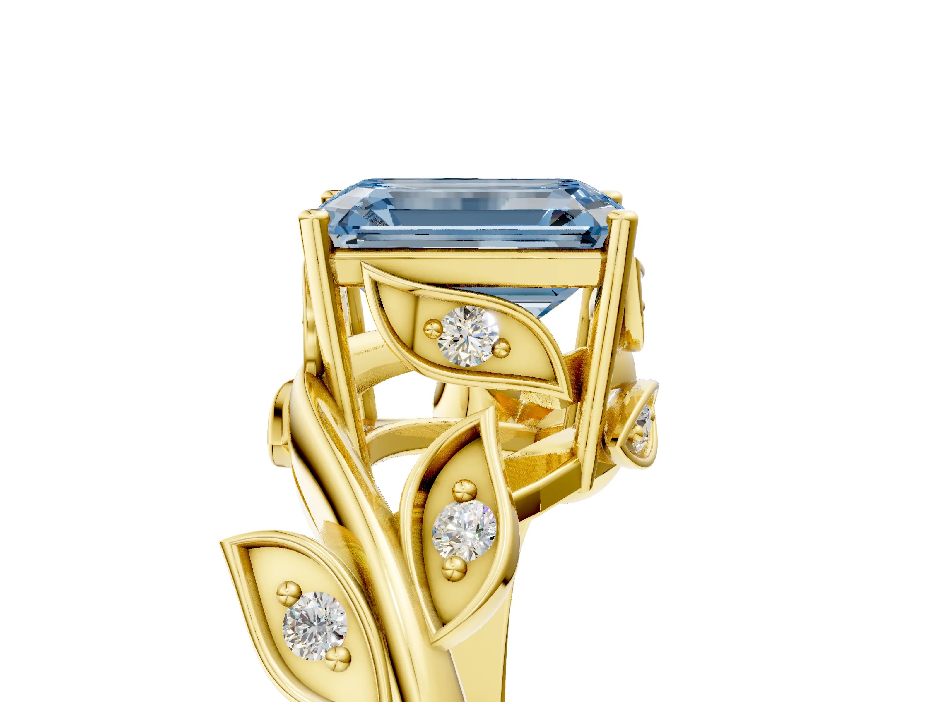 Yellow gold Fancy Blue Emerald Cut Solitaire Twist Engagement Ring with Leaf Accents and Prong Setting_17