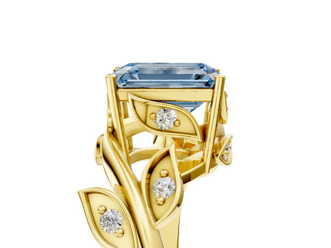 Yellow gold Fancy Blue Emerald Cut Solitaire Twist Engagement Ring with Leaf Accents and Prong Setting_17