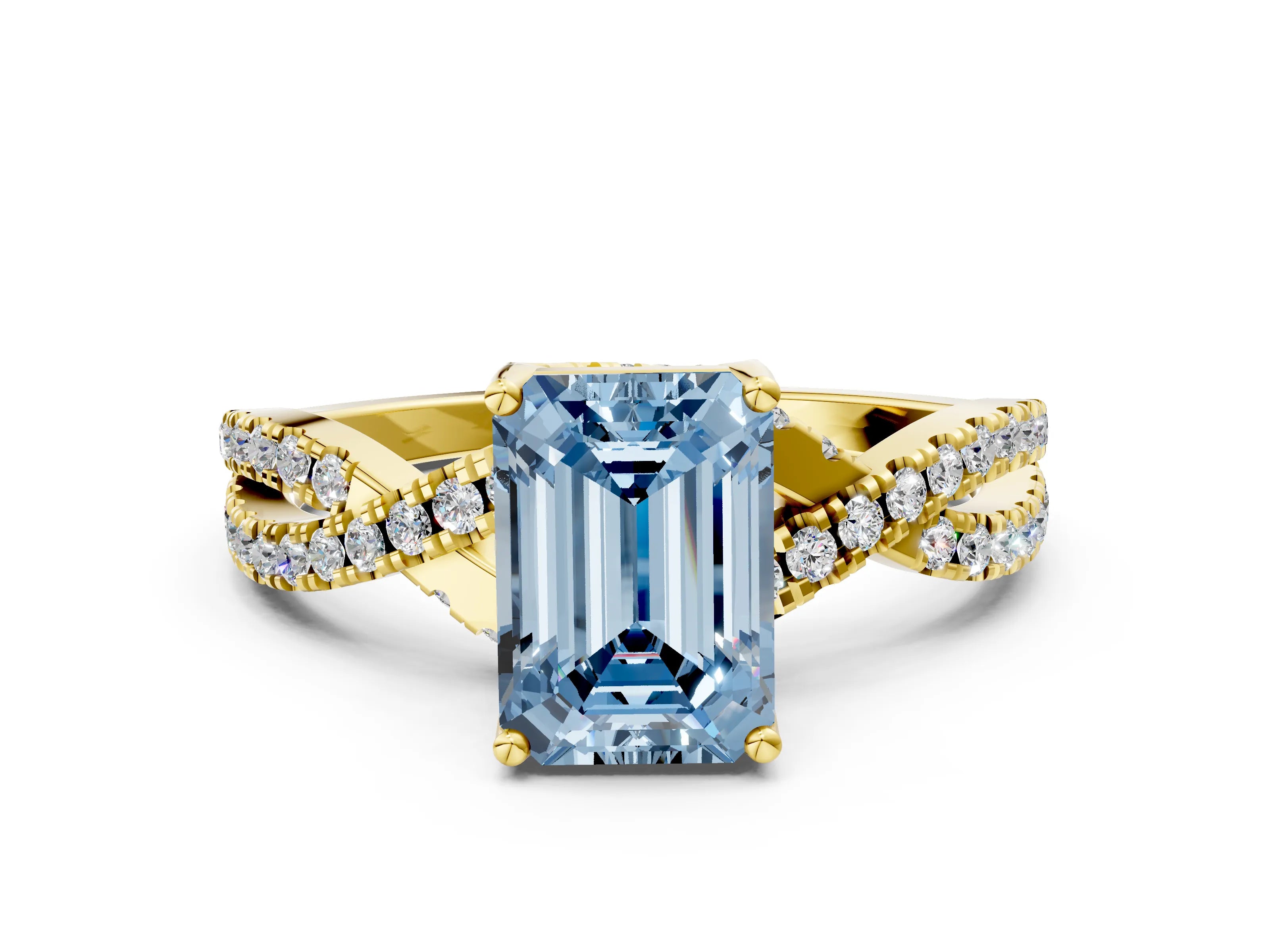 Yellow gold Fancy Blue Emerald Cut Solitaire Twist Pave Diamond Engagement Ring with Prong Setting