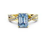 Yellow gold Fancy Blue Emerald Cut Solitaire Twist Pave Diamond Engagement Ring with Prong Setting