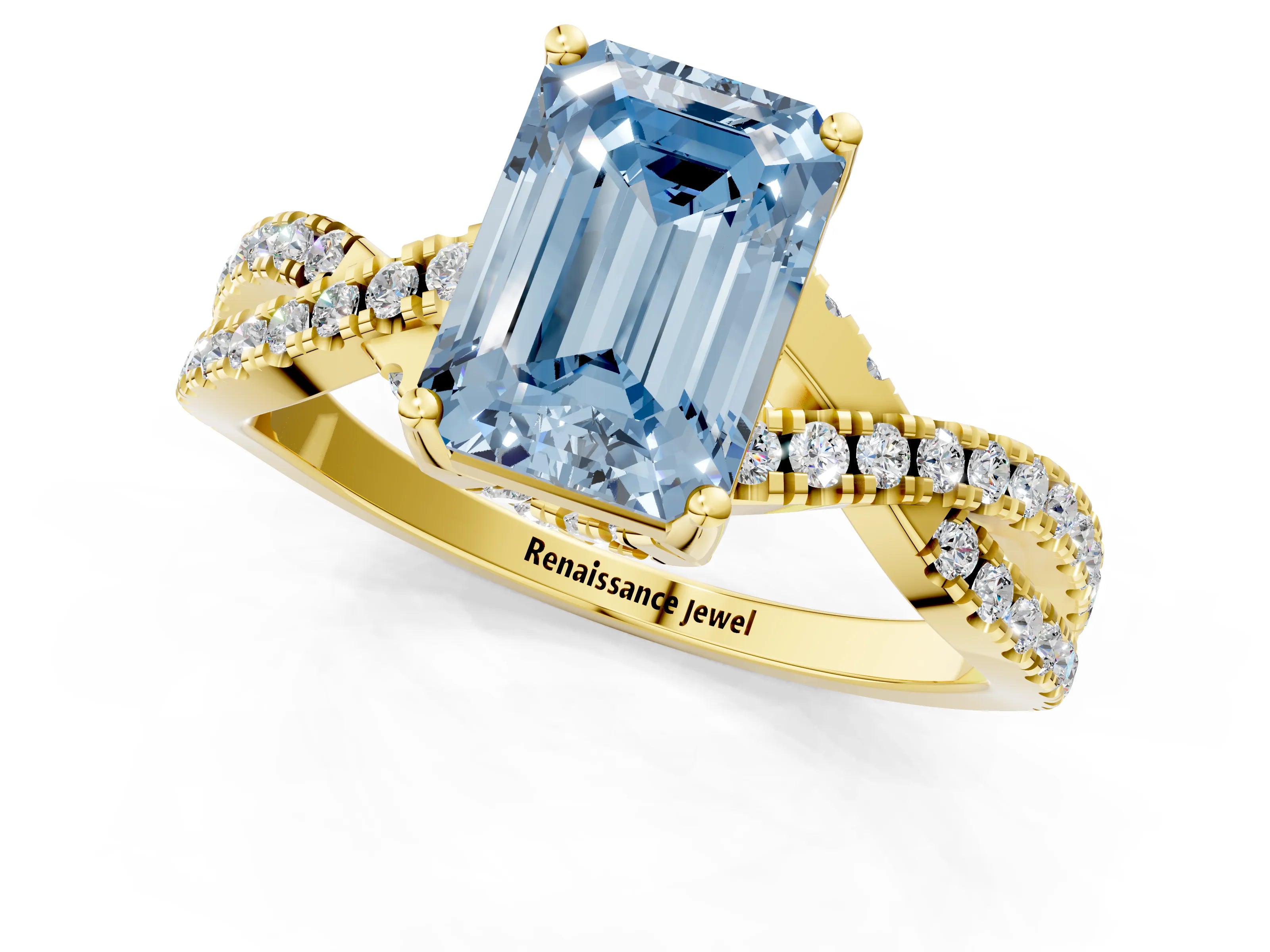 Yellow gold Fancy Blue Emerald Cut Solitaire Twist Pave Diamond Engagement Ring with Prong Setting_1