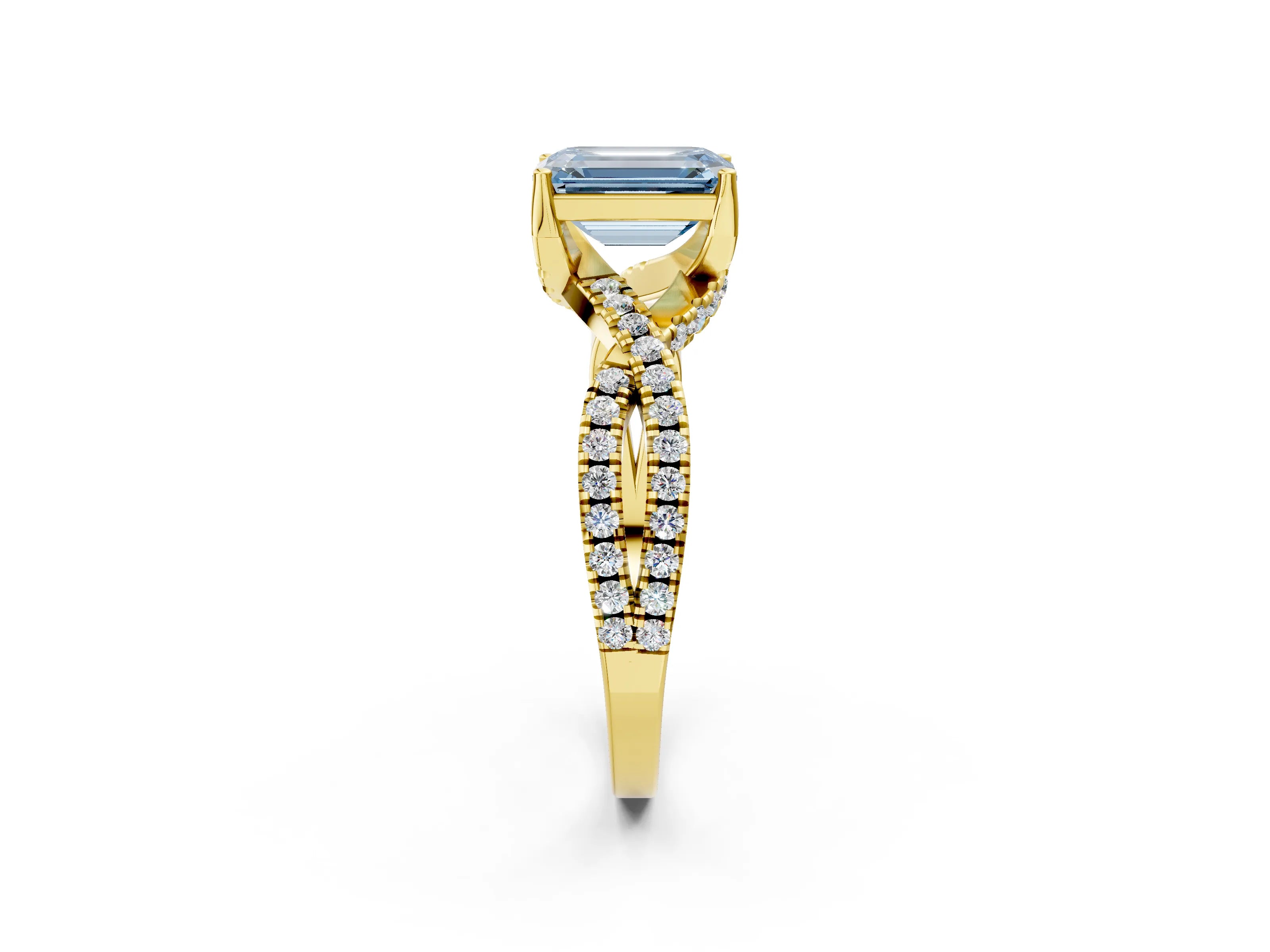 Yellow gold Fancy Blue Emerald Cut Solitaire Twist Pave Diamond Engagement Ring with Prong Setting_2