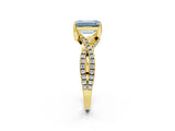 Yellow gold Fancy Blue Emerald Cut Solitaire Twist Pave Diamond Engagement Ring with Prong Setting_2