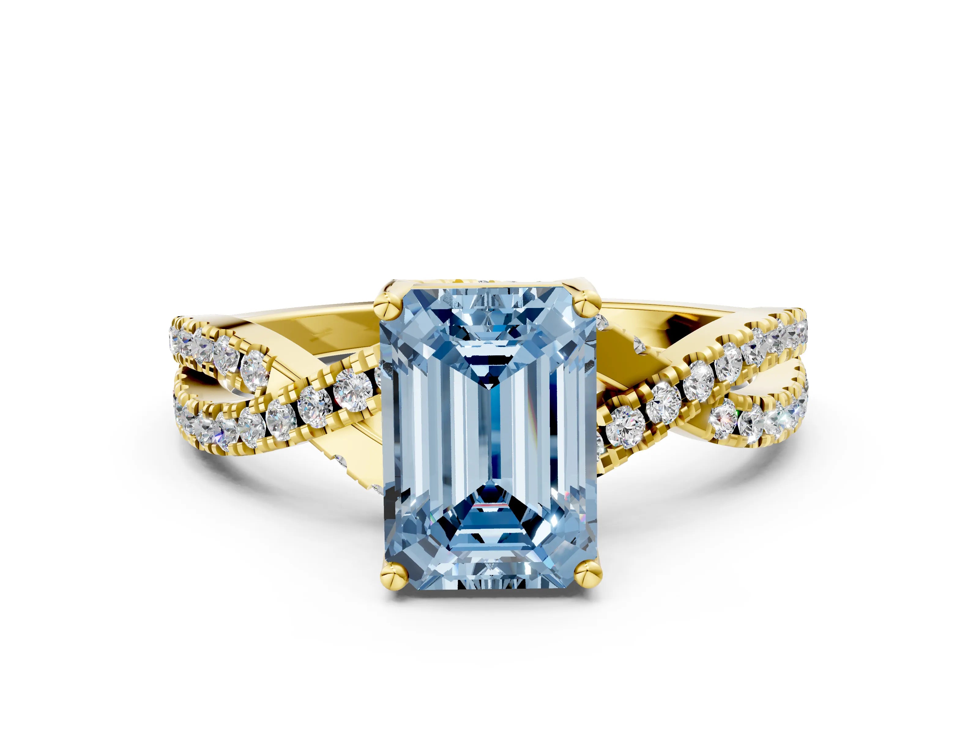 Yellow gold Fancy Blue Emerald Cut Solitaire Twist Pave Diamond Engagement Ring with Prong Setting_24