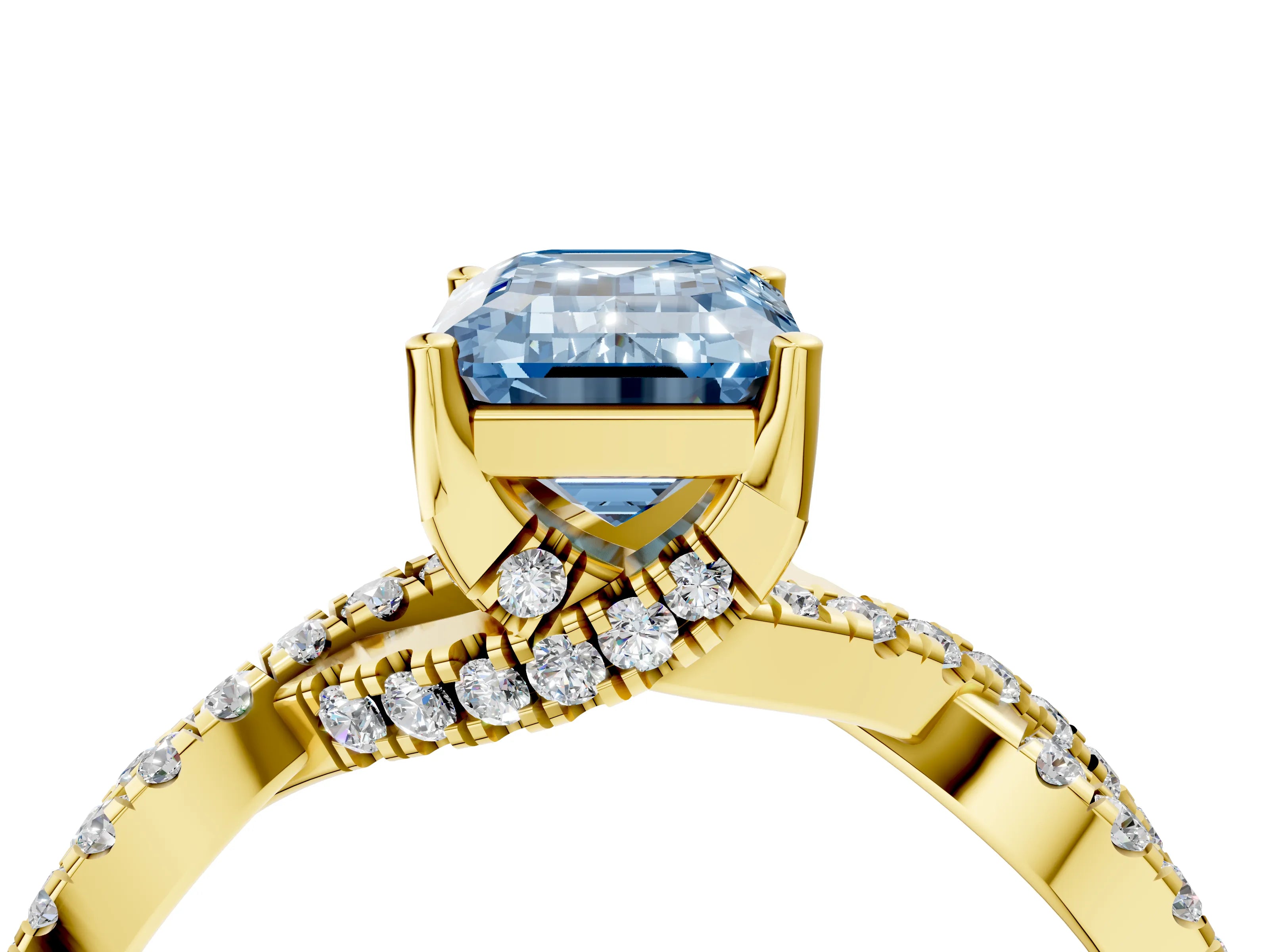 Yellow gold Fancy Blue Emerald Cut Solitaire Twist Pave Diamond Engagement Ring with Prong Setting_28