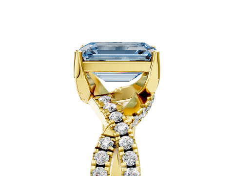 Yellow gold Fancy Blue Emerald Cut Solitaire Twist Pave Diamond Engagement Ring with Prong Setting_29