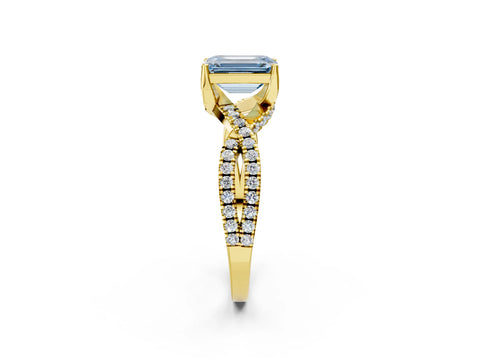 Yellow gold Fancy Blue Emerald Cut Solitaire Twist Pave Diamond Engagement Ring with Prong Setting_2