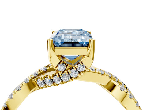 Yellow gold Fancy Blue Emerald Cut Solitaire Twist Pave Diamond Engagement Ring with Prong Setting_4