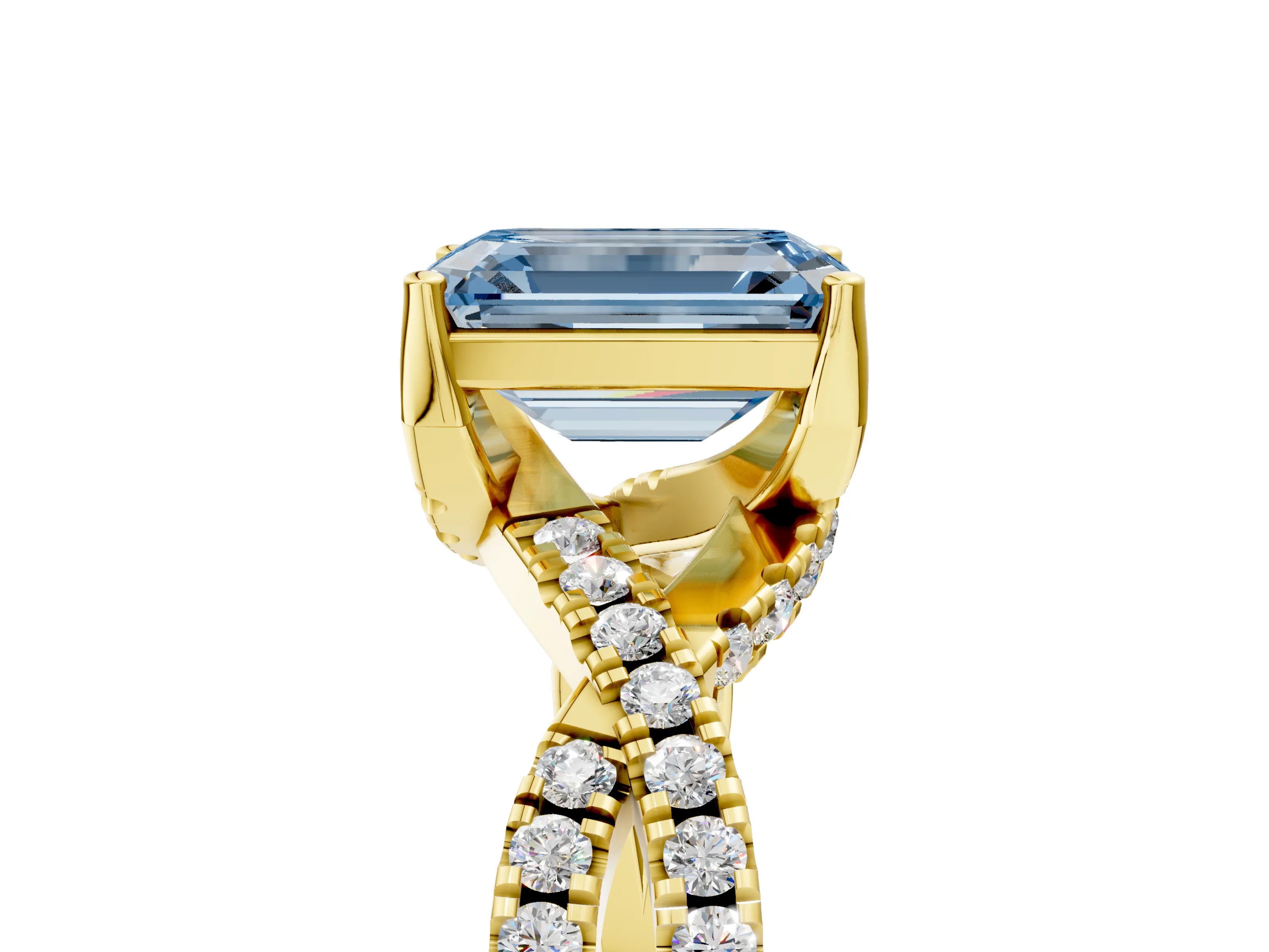 Yellow gold Fancy Blue Emerald Cut Solitaire Twist Pave Diamond Engagement Ring with Prong Setting_5