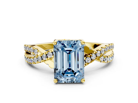 Yellow gold Fancy Blue Emerald Cut Solitaire Twist Pave Diamond Engagement Ring with Prong Setting