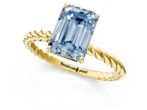 Yellow gold Fancy Blue Emerald Cut Solitaire Twisted Band 4-Prong Ring_1