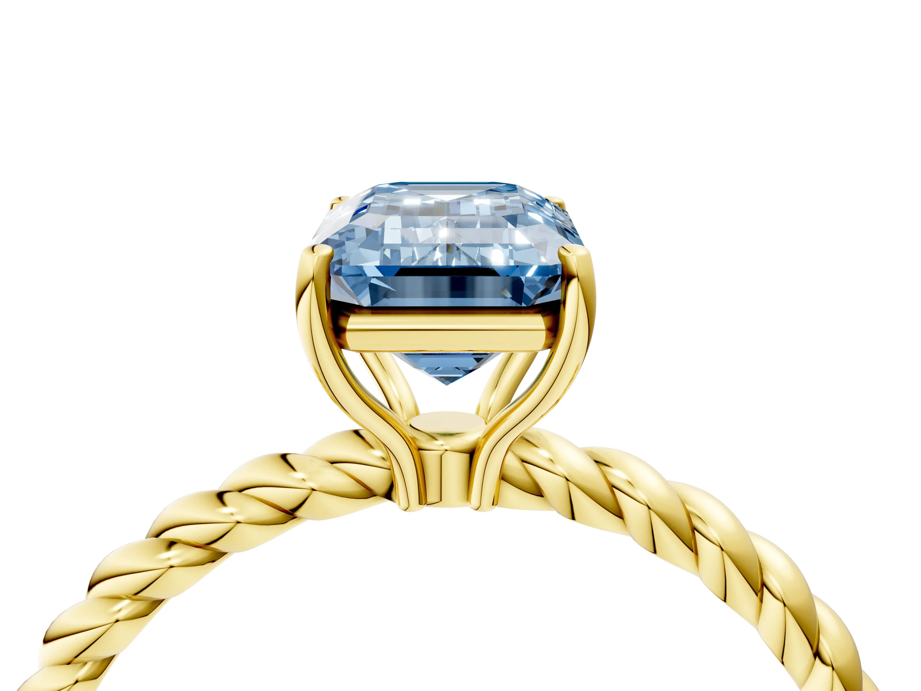 Yellow gold Fancy Blue Emerald Cut Solitaire Twisted Band 4-Prong Ring_4
