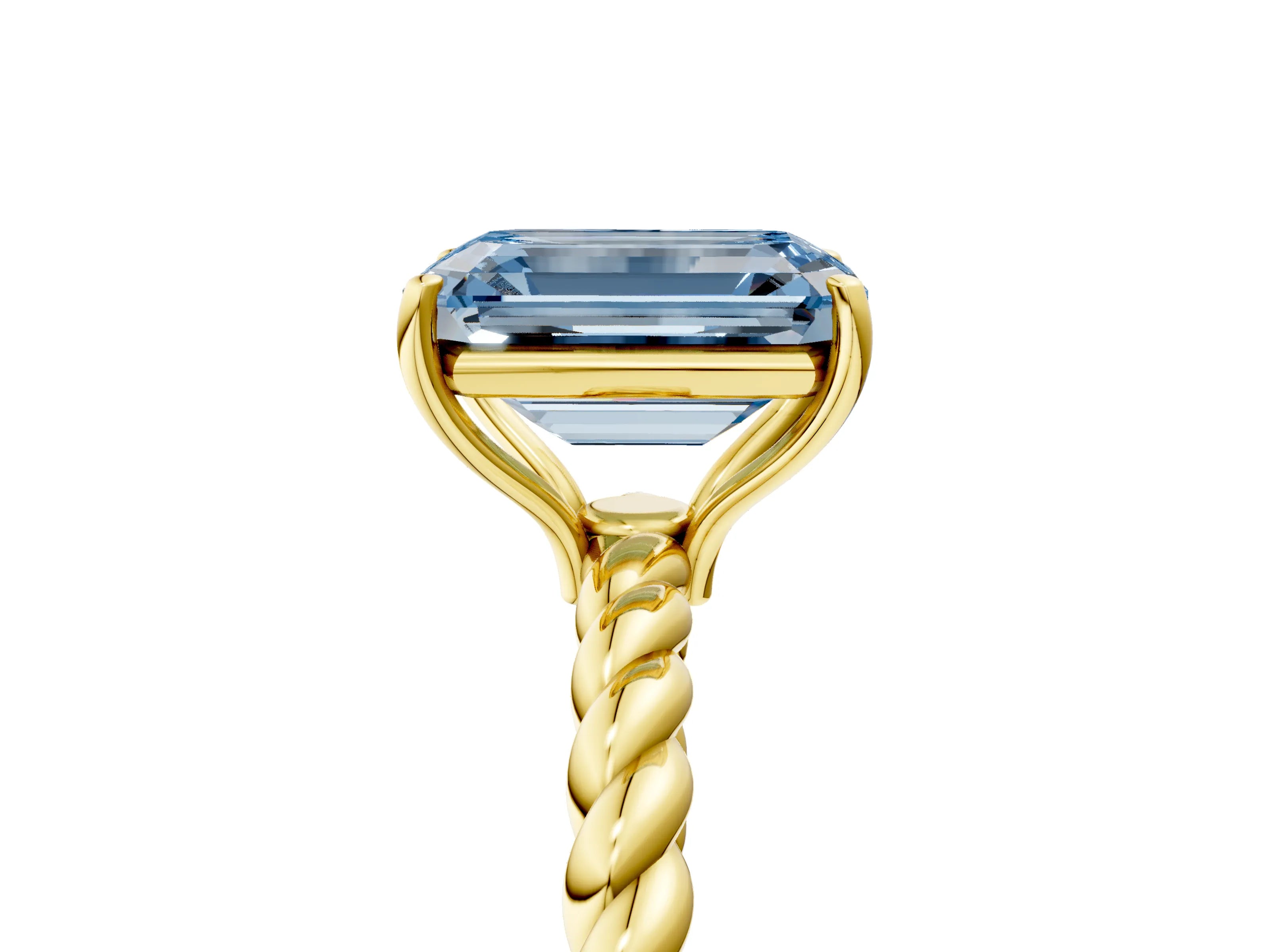 Yellow gold Fancy Blue Emerald Cut Solitaire Twisted Band 4-Prong Ring_5
