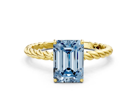 Yellow gold Fancy Blue Emerald Cut Solitaire Twisted Band 4-Prong Ring