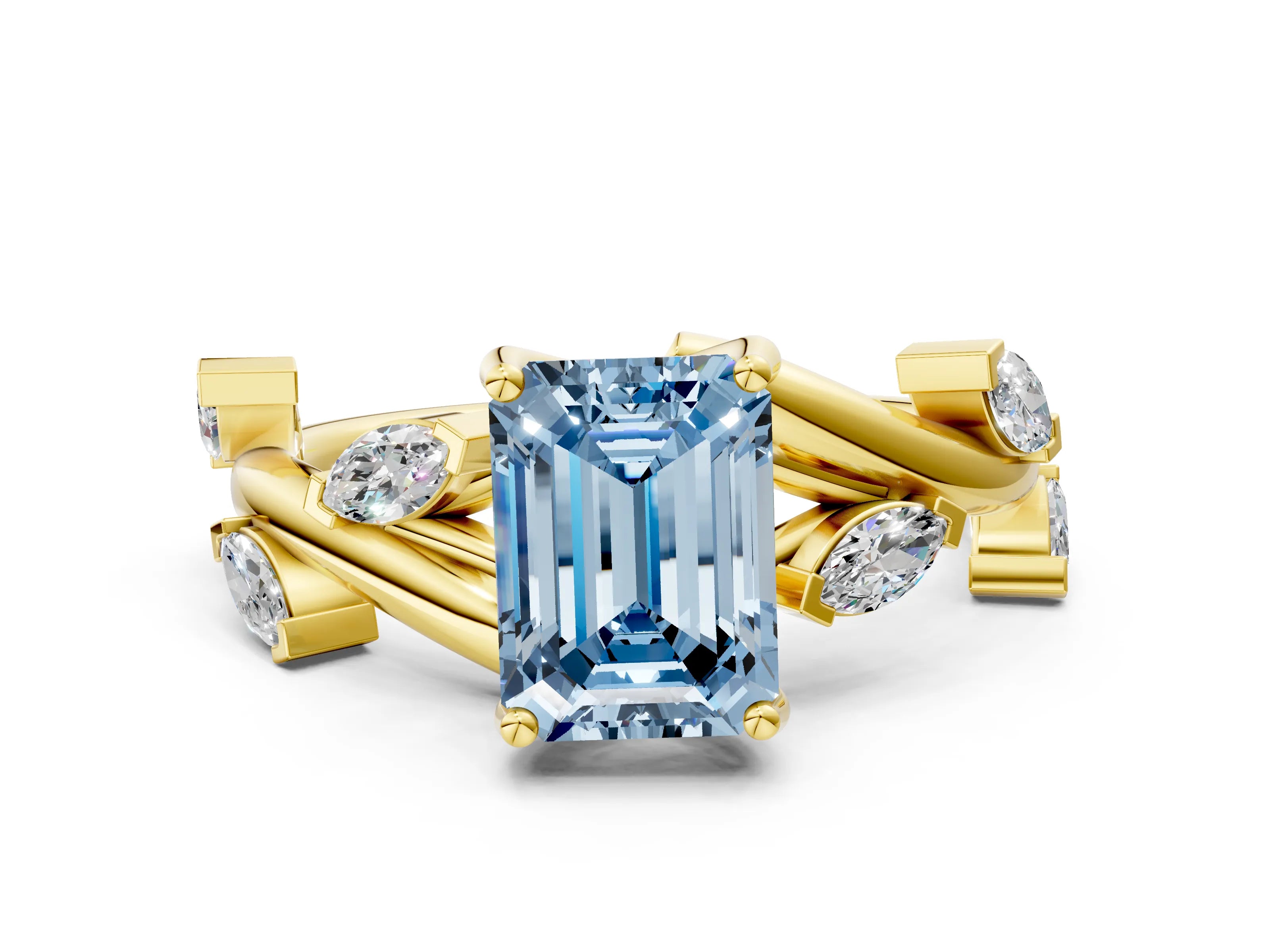 Yellow gold Fancy Blue Emerald Cut Solitaire Twisted Band Marquise Accent Prong Setting Ring