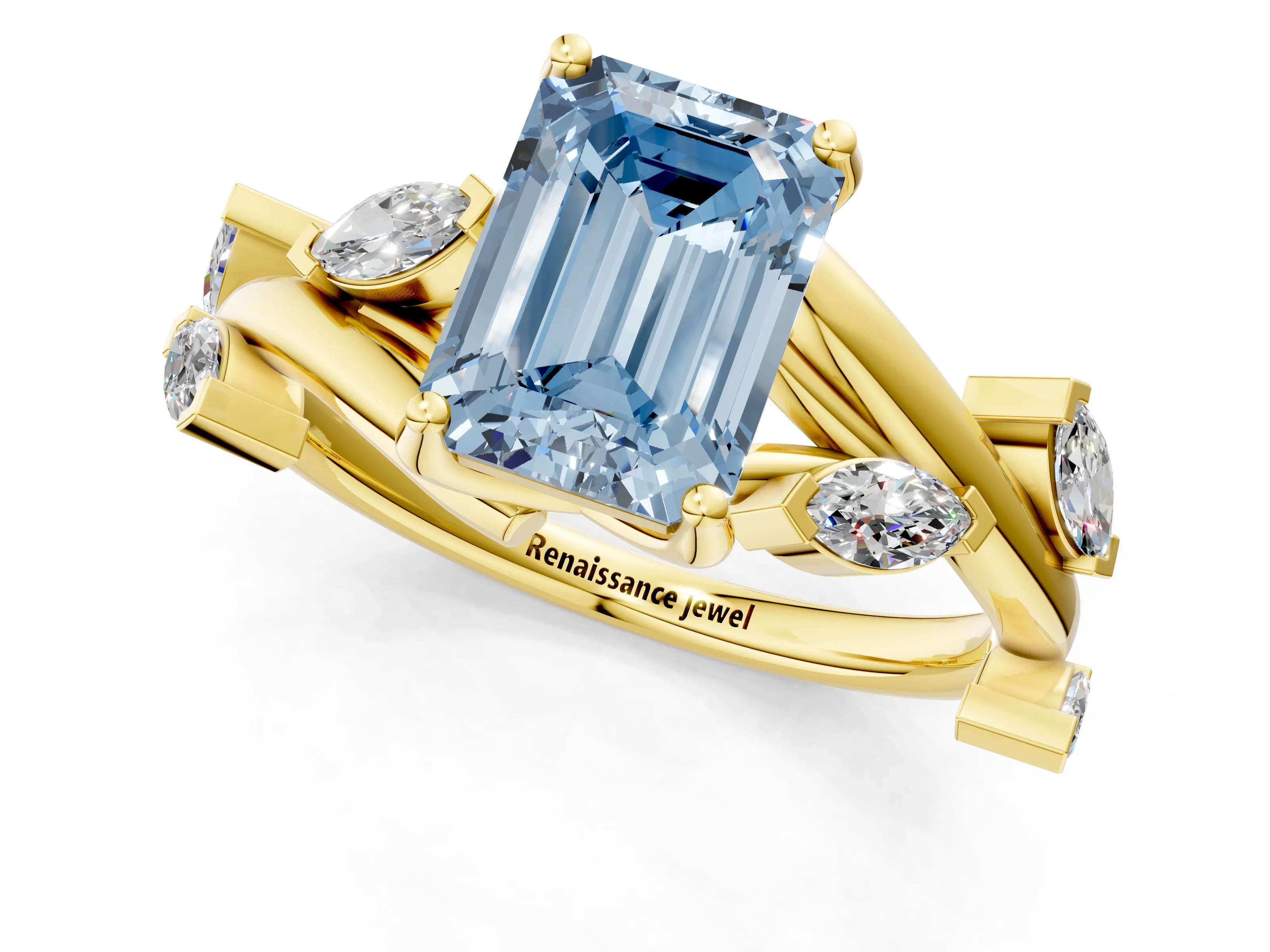 Yellow gold Fancy Blue Emerald Cut Solitaire Twisted Band Marquise Accent Prong Setting Ring_1