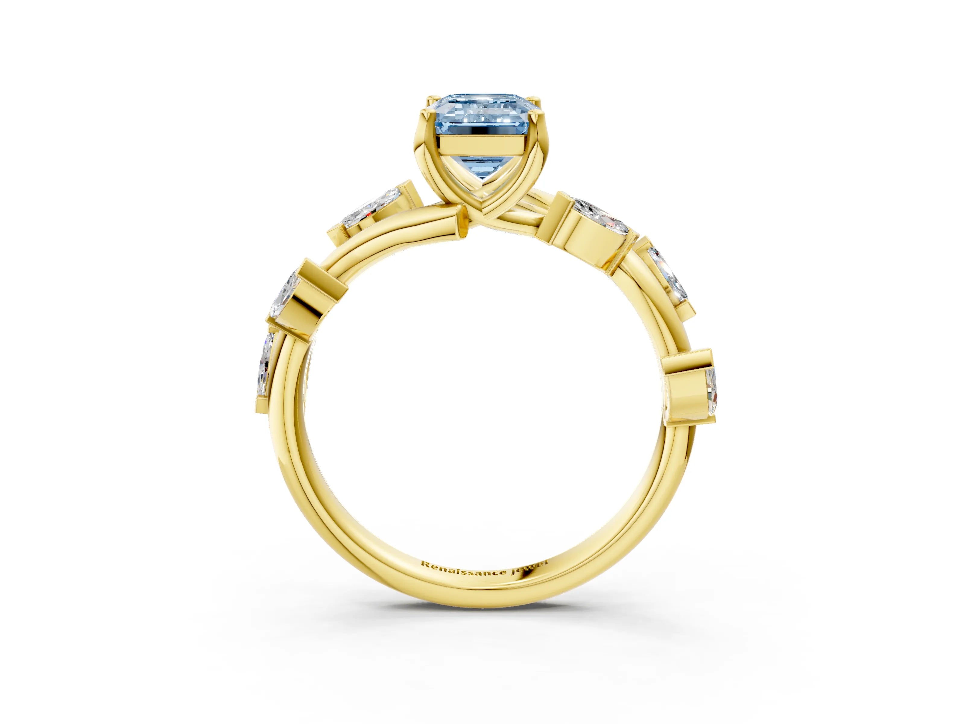 Yellow gold Fancy Blue Emerald Cut Solitaire Twisted Band Marquise Accent Prong Setting Ring_3