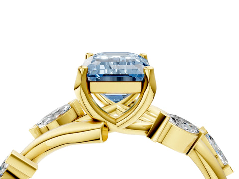 Yellow gold Fancy Blue Emerald Cut Solitaire Twisted Band Marquise Accent Prong Setting Ring_4
