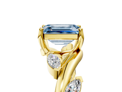 Yellow gold Fancy Blue Emerald Cut Solitaire Twisted Band Marquise Accent Prong Setting Ring_5