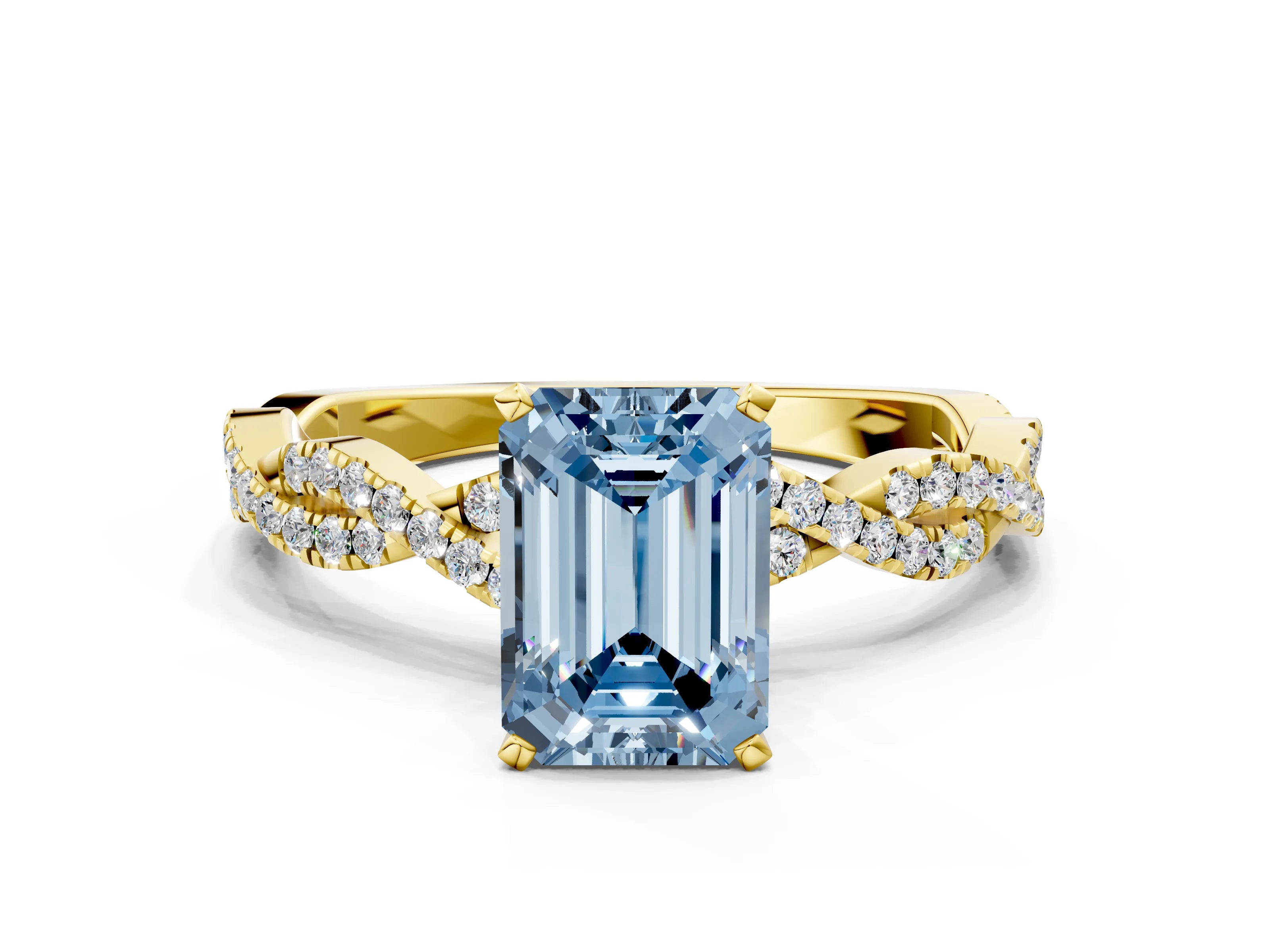Yellow gold Fancy Blue Emerald Cut Solitaire Twisted Pave Band with Four-Prong Setting_3