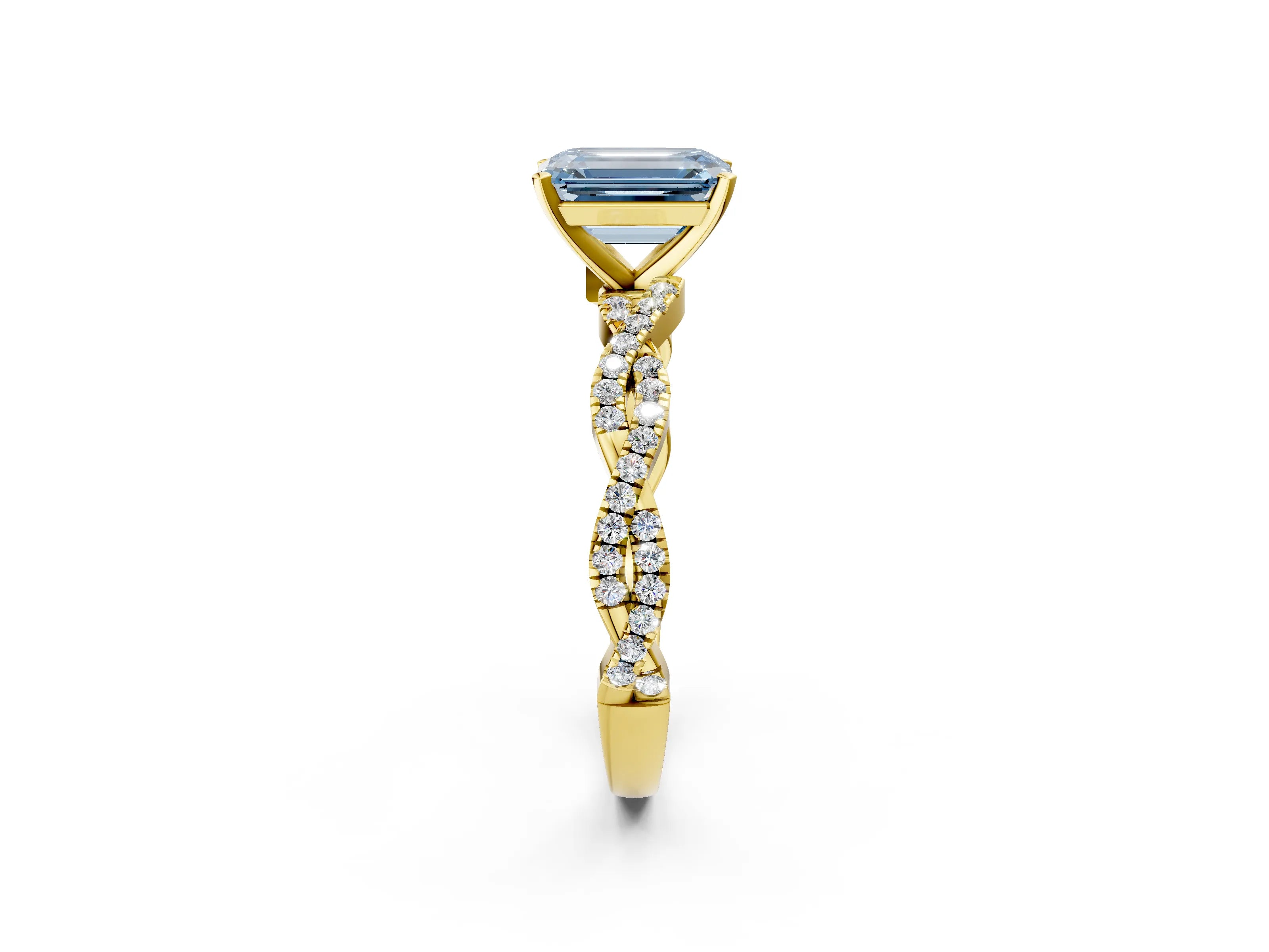 Yellow gold Fancy Blue Emerald Cut Solitaire Twisted Pave Band with Four-Prong Setting_5
