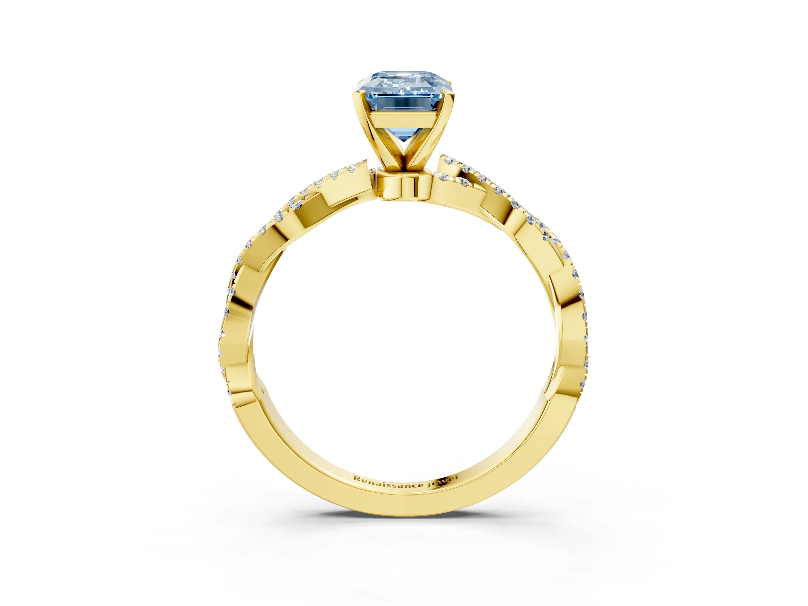 Yellow gold Fancy Blue Emerald Cut Solitaire Twisted Pave Band with Four-Prong Setting_6