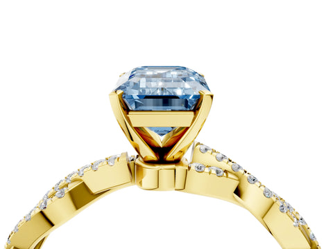 Yellow gold Fancy Blue Emerald Cut Solitaire Twisted Pave Band with Four-Prong Setting_7