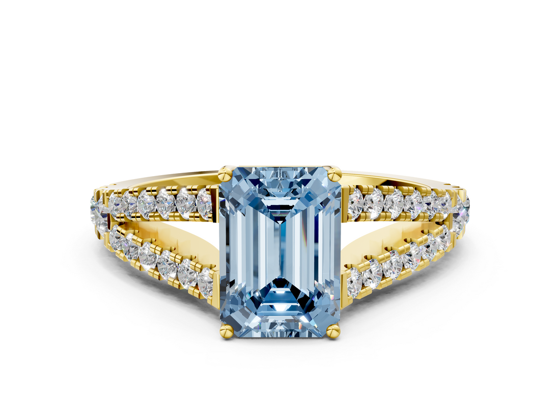 Yellow gold Fancy Blue Emerald  Cut Split Shank Pave Diamond Engagement Ring with Four-Prong Setting_24