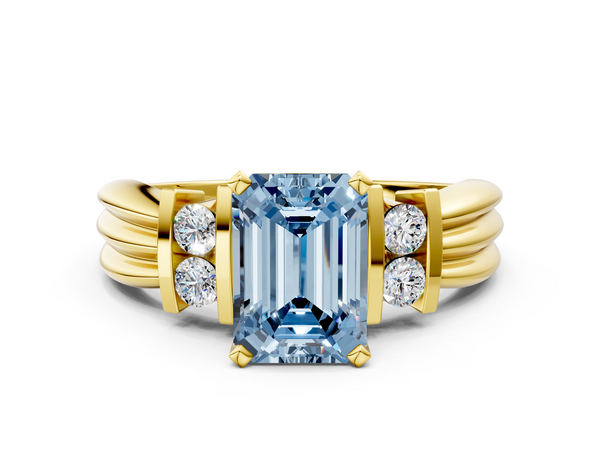 Yellow gold Fancy Blue Emerald  Cut Three-Stone Channel Set Ring with Bar Prongs