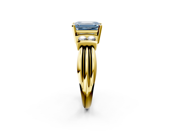 Yellow gold Fancy Blue Emerald  Cut Three-Stone Channel Set Ring with Bar Prongs