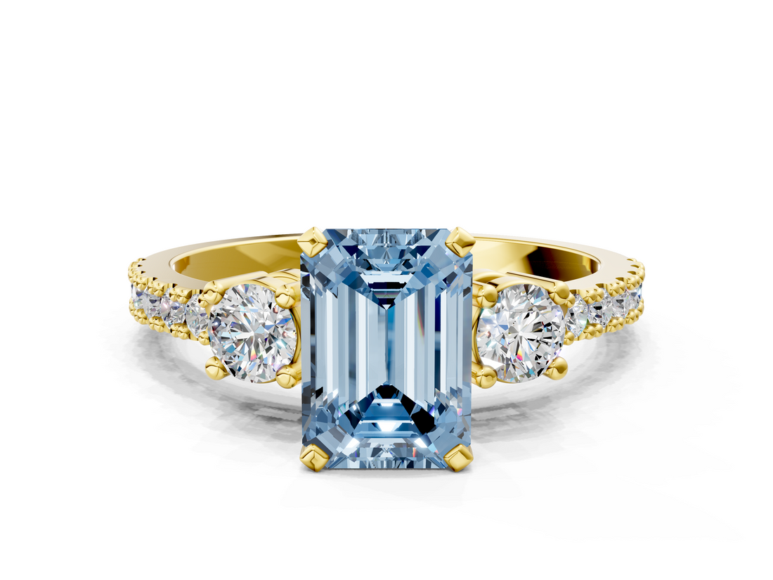 Yellow gold Fancy Blue Emerald  Cut Three-Stone Diamond Pavé Band with Prong Setting_16