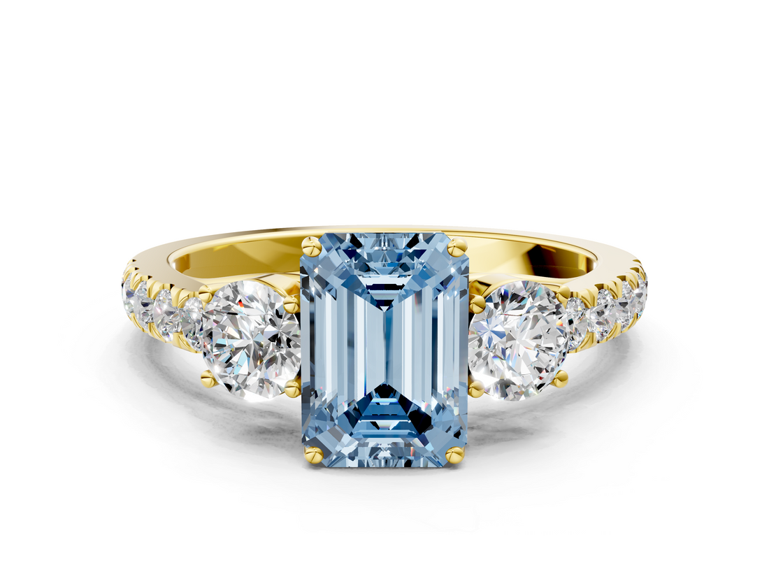 Yellow gold Fancy Blue Emerald  Cut Three-Stone Diamond Pave Band with Prong Setting_37