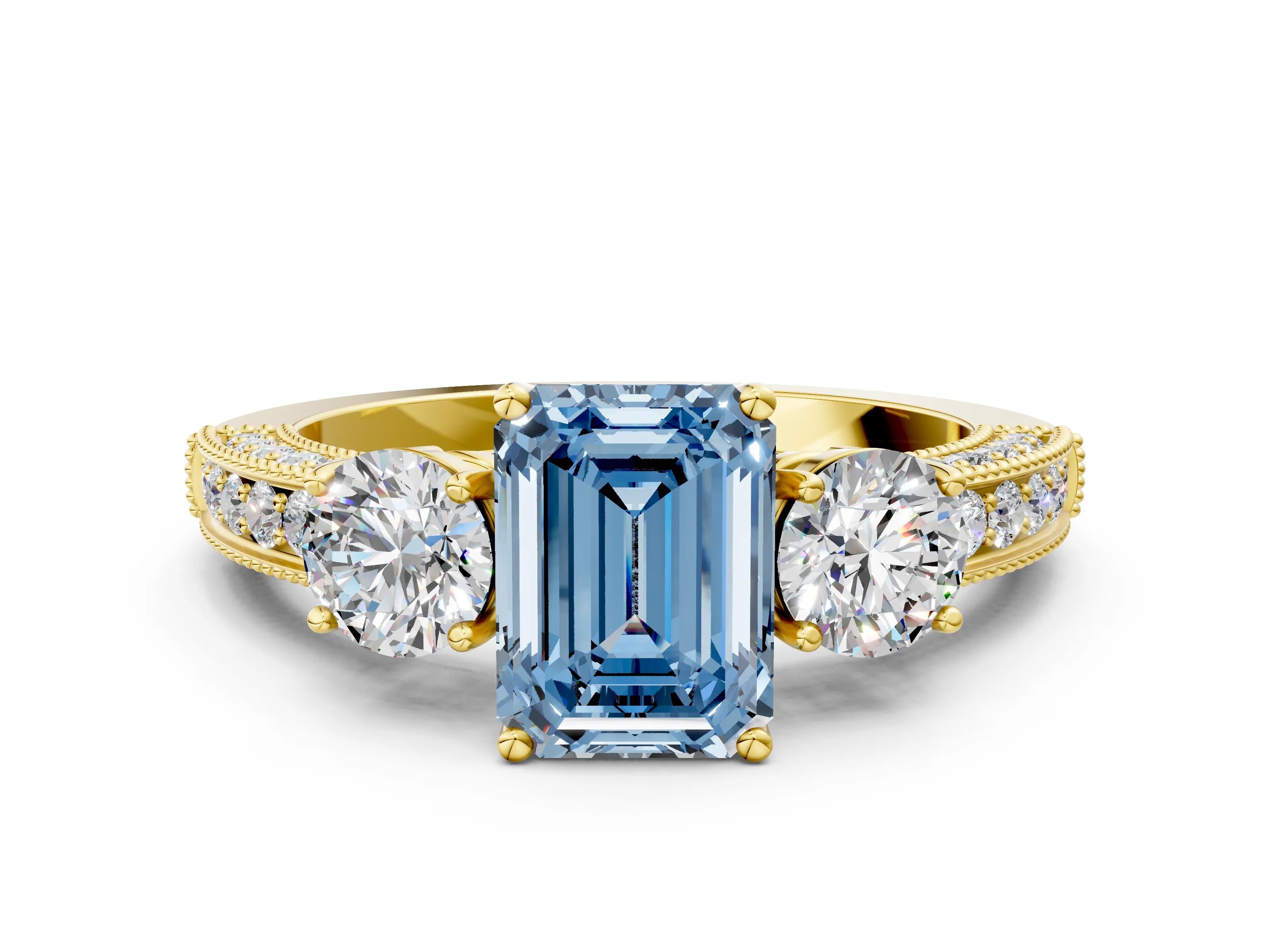 Yellow gold Fancy Blue Emerald Cut Three-Stone Diamond Ring with Pavé Band and Four-Prong Setting