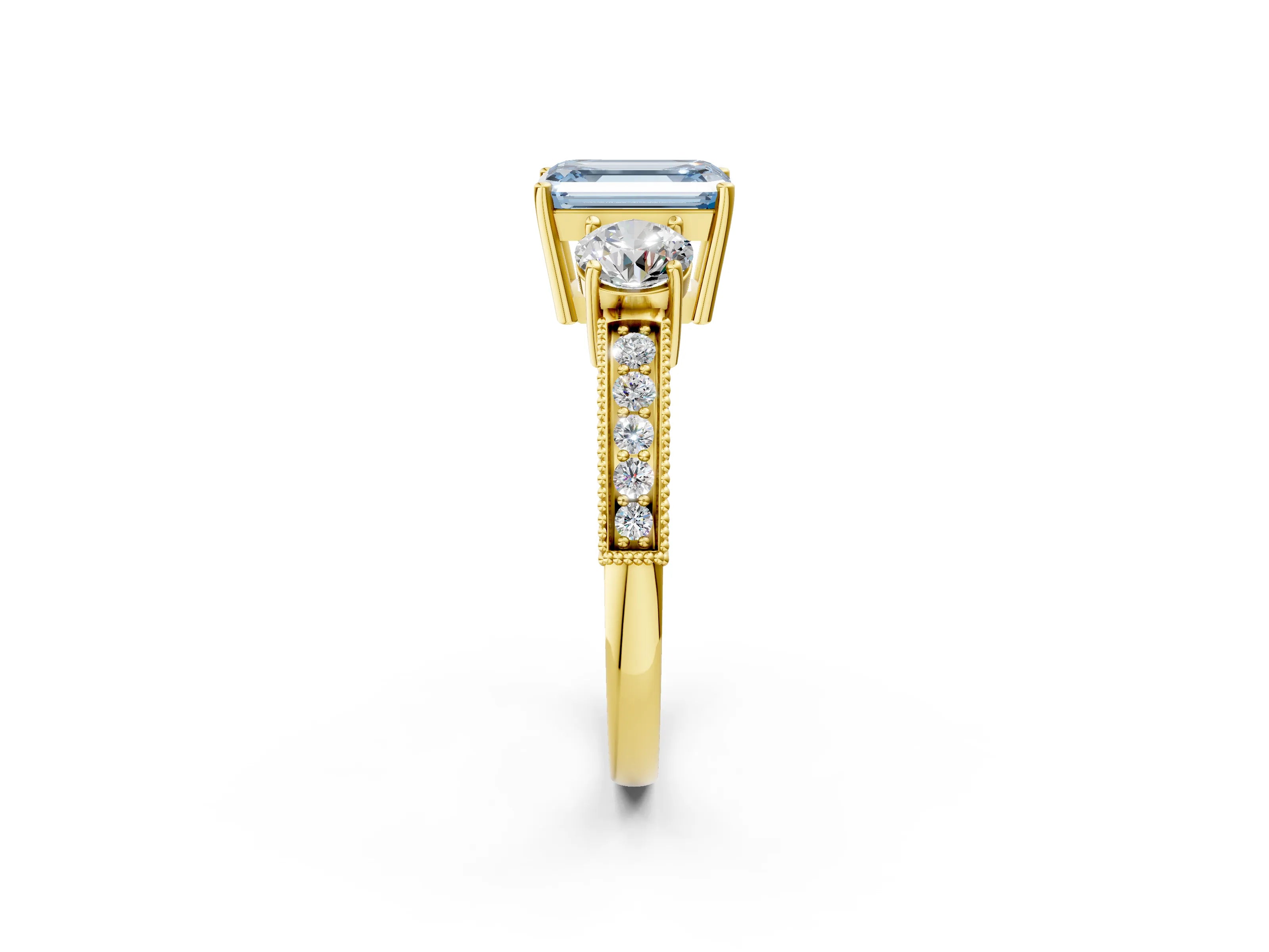 Yellow gold Fancy Blue Emerald Cut Three-Stone Diamond Ring with Pavé Band and Four-Prong Setting_2