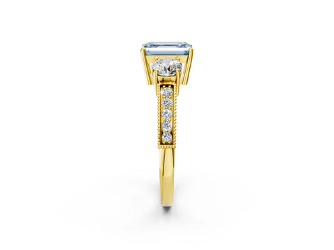 Yellow gold Fancy Blue Emerald Cut Three-Stone Diamond Ring with Pavé Band and Four-Prong Setting_2